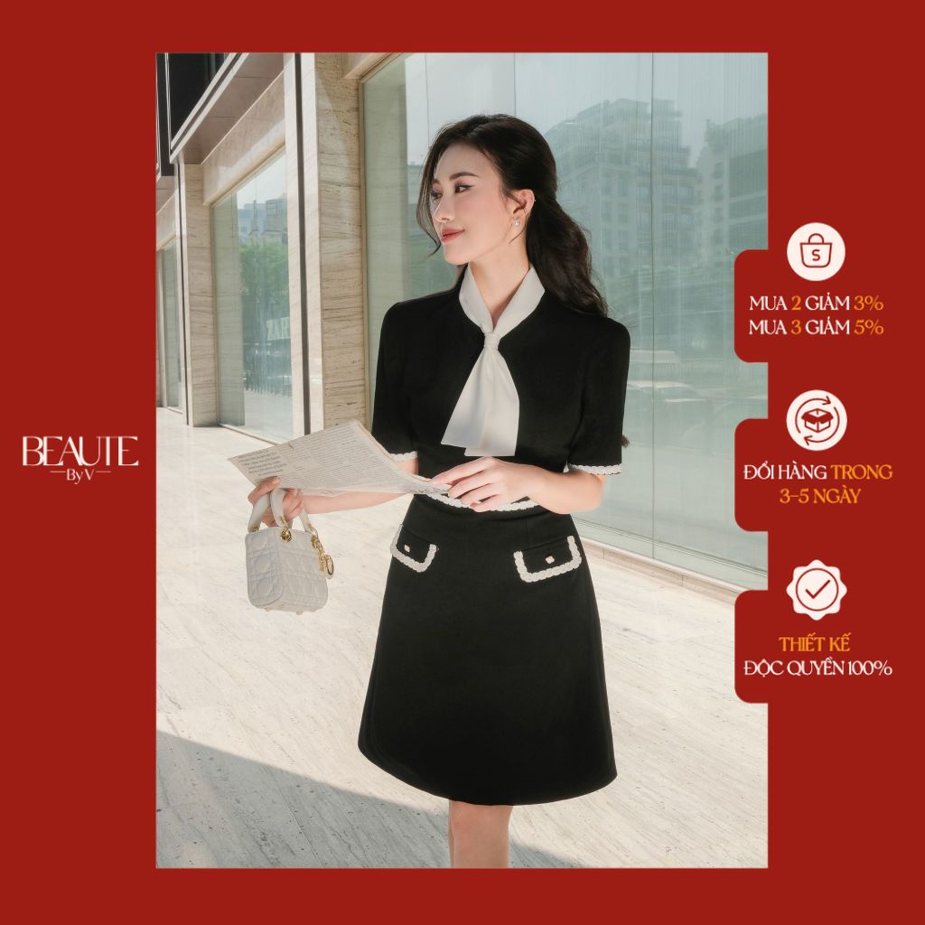BEAUTEBYV - Váy nữ chiết eo phối cổ trắng Lenny