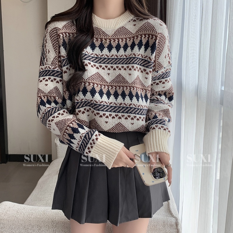 SUXI Áo sweater Dệt Kim Tay Dài Dáng Rộng Vải Mềm Kiểu vintage Thời Trang Thu Đông Cho Nữ