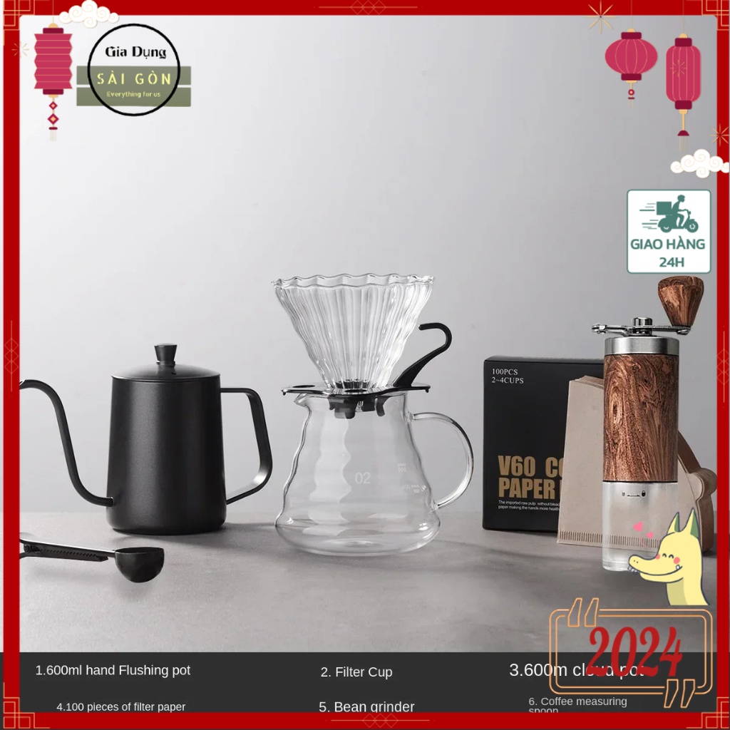Set pha cà phê hạt nhỏ giọt 6 món Pour Over Coffee Maker Set