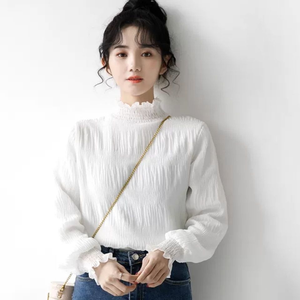 Áo Sơ Mi Chiffon Phối Ren Màu Sắc Trơn Cổ Cao Phong Cách Hàn Quốc Cho Nữ