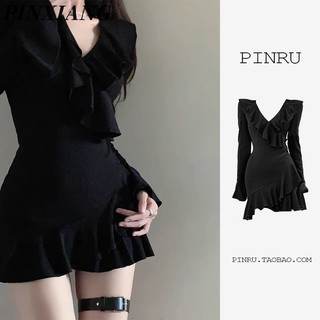 PINXIANG  Đầm Đen Cổ Chữ V Tay Chuông Dáng Ôm Gợi Cảm Cho Bạn Gái