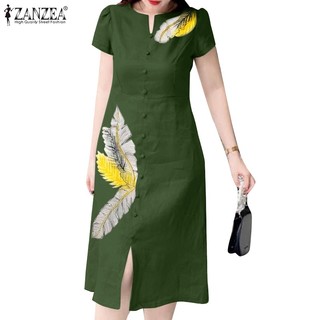 Đầm ZANZEA ngắn tay cổ tròn xẻ tà in họa tiết thời trang hàn quốc cho nữ