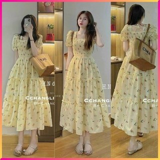 Đầm váy nữ nhún ngực họa tiết hoa nhí dáng xòe tay phồng cột nơ sau lưng, Váy maxi hoa nhí vàng dáng xòe 3 tầng L43