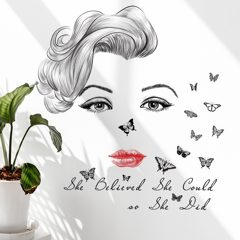 Decal Dán Tường Mặt Cô Gái Và Đàn Bướm