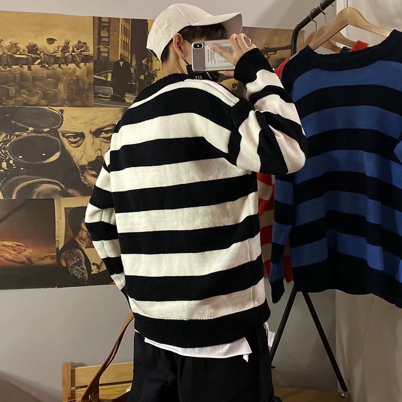 Áo Khoác sweater Dáng Rộng Họa Tiết Kẻ Sọc Phong Cách Hàn Quốc Thời Trang Thu Đông Hàng Mới 2023 Dành Cho Bạn Nam