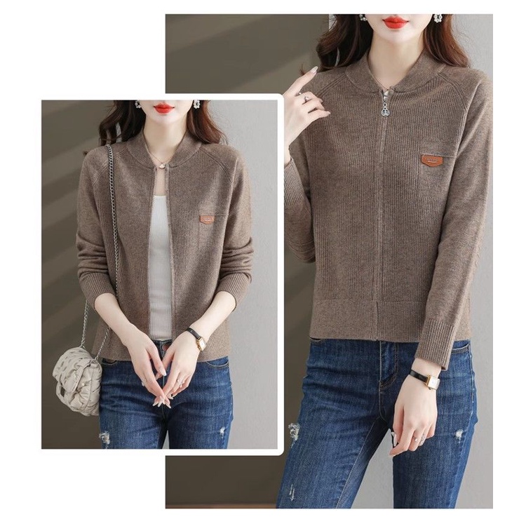 Áo Khoác cardigan Dệt Kim Tay Dài Cổ Đứng Có Khóa Kéo Phong Cách Phương Tây Cho Nữ
