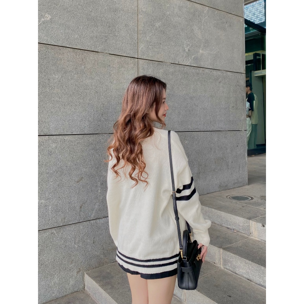 ÁO KHOÁC len cardigan nữ sọc viền tay - . - CDGlenvachtay9916_Be_P7K1
