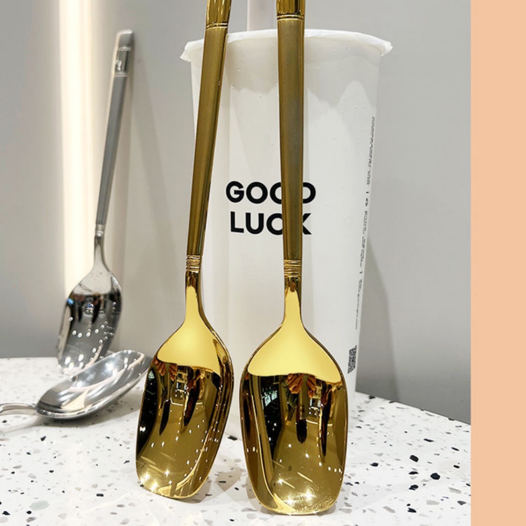 Thìa Vuông Inox 304 Cán Dài Ăn Cơm Muỗng Inox Mạ Vàng Ăn Phở Cháo Cao Cấp Phong Cách Hàn Quốc