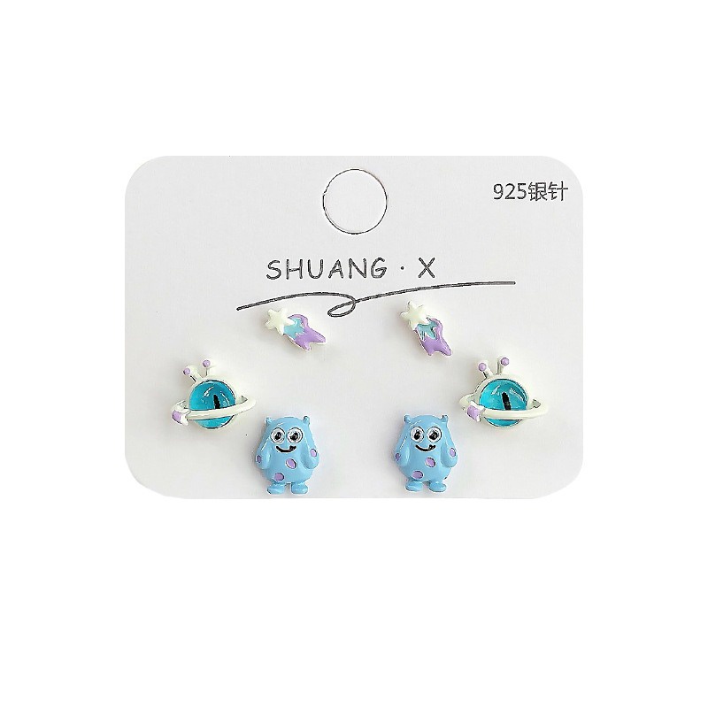 Cute Silver Needle Blue Small Monster Ear Stud Set for Girls New Cartoon Childlike Fun Girls Asymmetric and Exquisite Cat Eye Stone Earrings