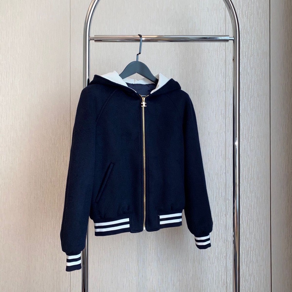 CE 2023 autumn embroidered logo casual hooded coat contrast color ribbon hooded coat baseball coat