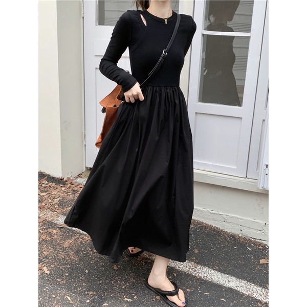 Đầm Đen Dáng Chữ a Tay Dài Phong Cách Pháp Thời Trang Xuân Thu Cho Nữ