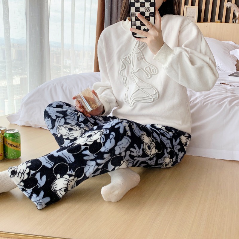 YAMI Quần ngủ nữ vải lông cừu san hô dày dáng hoạt hình Dễ thương đồ mặc nhà cute