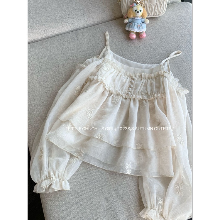 Áo Kiểu Tay Dài Phồng Hở Vai Thêu Họa Tiết Thời Trang Hàn Quốc Dành Cho Nữ