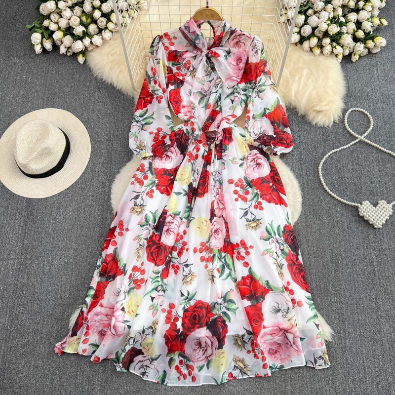 Đầm chiffon Chữ a Tay Dài Cổ Thắt Nơ Eo Cao In Họa Tiết vintage Thanh Lịch Thời Trang Xuân Hè Dành Cho Bạn Nữ