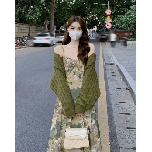 Bộ Áo Khoác cardigan Phối Chân Váy Hai Dây In Hoa Thời Trang Mùa Thu Cho Nữ