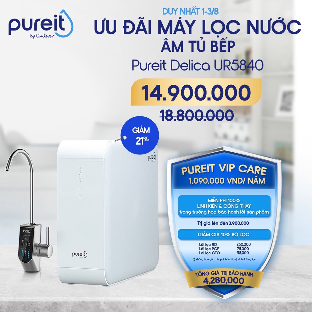 Máy lọc nước Unilever Pureit Delica UR5840 âm tủ bếp, công suất RO cực đại, tia UV khử khuẩn