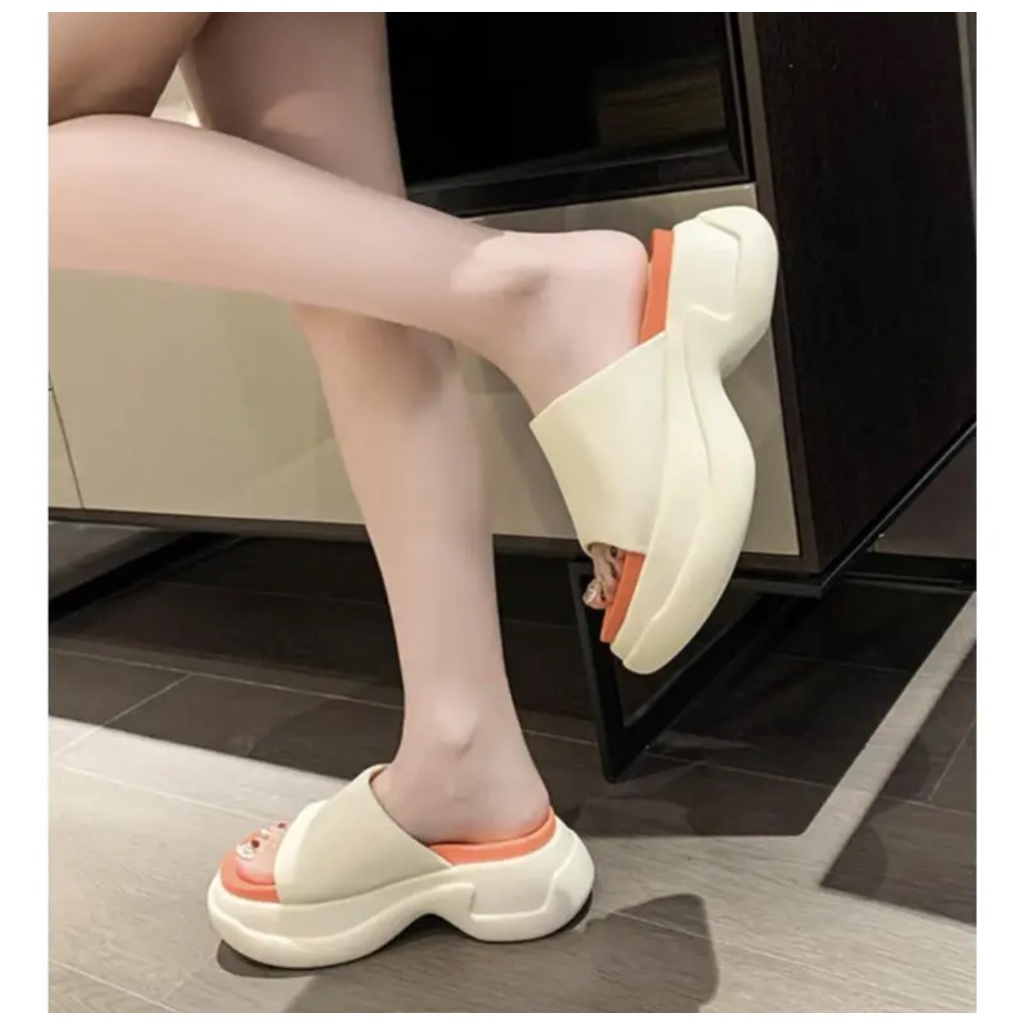 Dép nữ đế xuồng phối cam quai ngang 7 cm