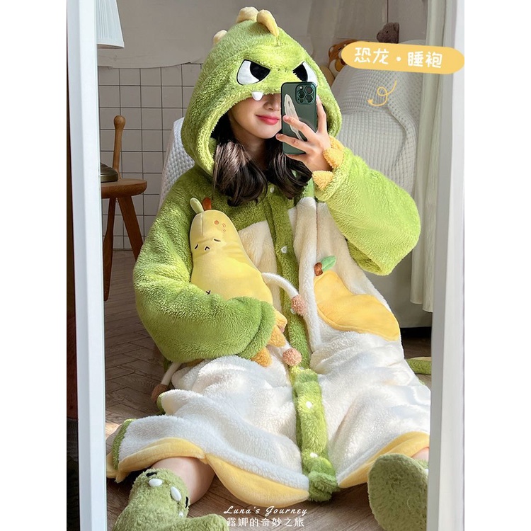 ❤️❤️ Đầm Ngủ Lông Cừu San Hô Dày Dặn In Hình Khủng Long Hoạt Hình Dễ Thương Cho Cặp Đôi