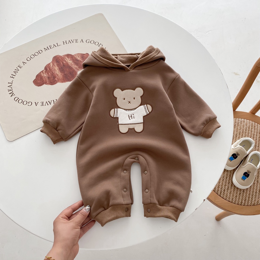 Bộ Áo Liền Quần Tay Dài Thêu Hình Gấu Dễ Thương Thời Trang Mùa Thu Cho Bé Sơ Sinh Từ 0-2 Tuổi
