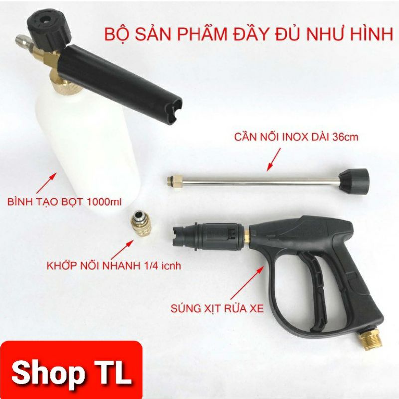 Bộ súng xịt rửa xe và bình phun bọt tuyết cao cấp kèm ống nối inox 36cm cho máy xịt rửa xe ren 22mm và 14mm