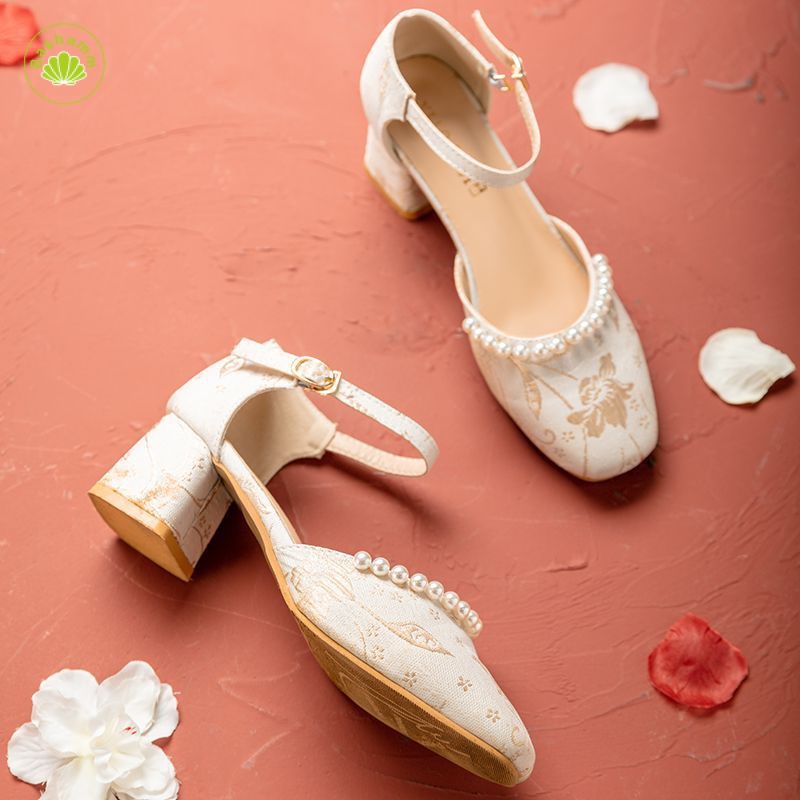 Bashamm Pháp Vintage thô gót chân với trang phục thanh lịch phù hợp với Mary Jeans 2023 mới ngọc trai sprite giày cao gót