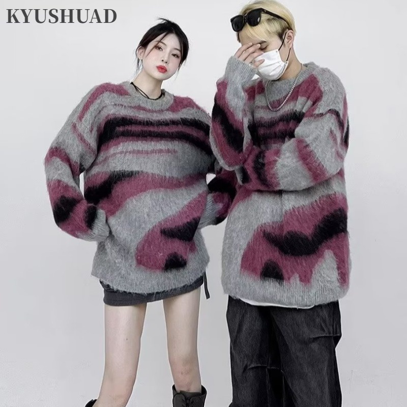 Kyushuad Áo sweater Dáng Rộng Phối Màu Tương Phản Kiểu retro Mỹ Cho Các Cặp Đôi