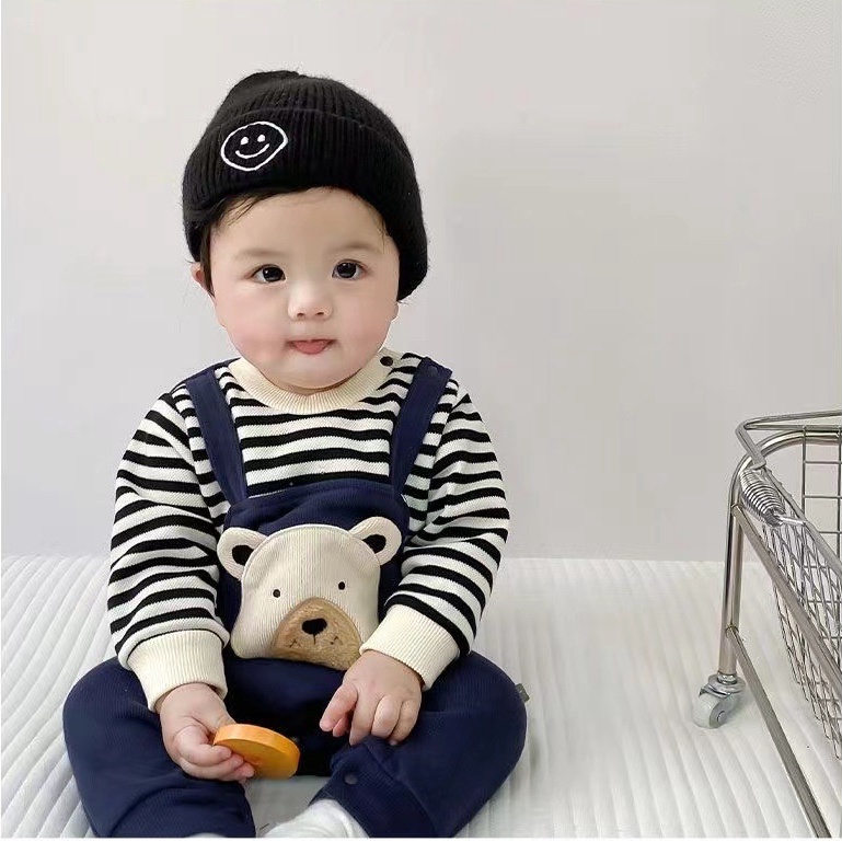 Áo Liền Quần Tay Dài In Hình Gấu Hoạt Hình Phong Cách Hàn Quốc Dễ Thương Thời Trang Xuân Thu Cho Bé Trai Và Gái 0-24 Tháng Tuổi