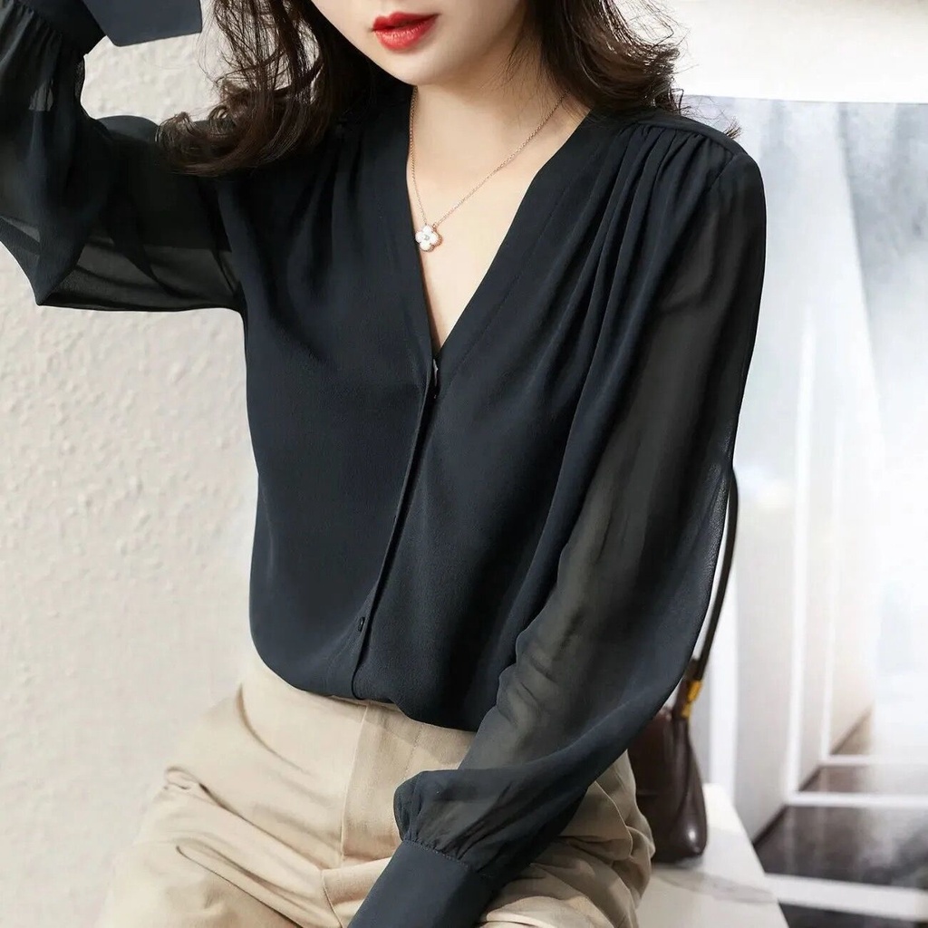 Áo Sơ Mi chiffon Dài Tay Cổ Chữ v Phong Cách Pháp Thời Trang Xuân Thu Mới Cho Nữ
