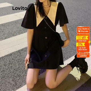 Đầm LOVITO dáng chữ A nút cài trước kết hợp màu sắc có cổ tương phản màu trơn thường ngày cho nữ LNA05058