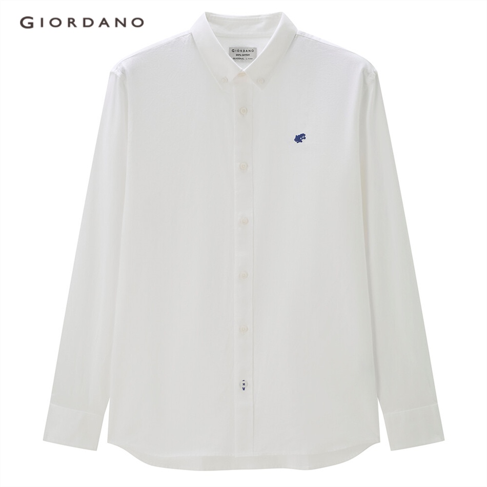 GIORDANO MEN Frog embroidered oxford slim long sleeve shirt 90042078