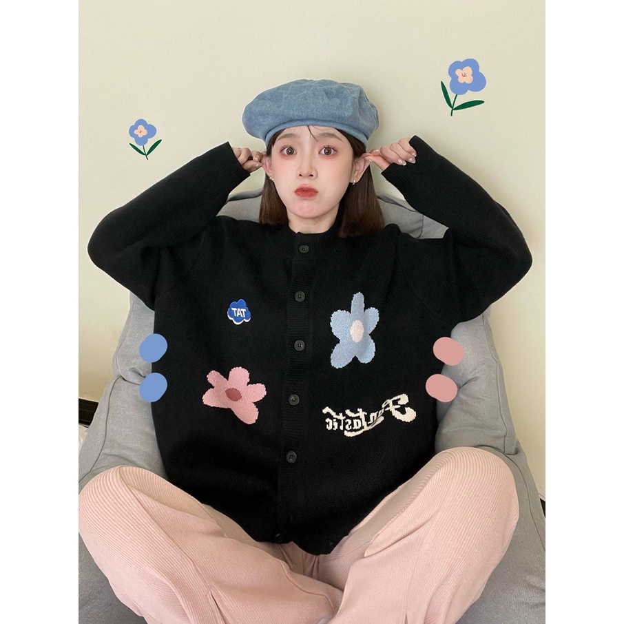 Zhu xia Áo Khoác Len cardigan Họa Tiết Hoa Nhiều Màu Sắc Cho Nữ