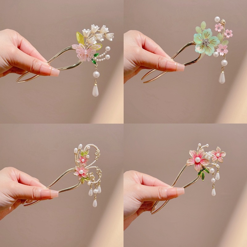 Trâm cài tóc HAIMEIKANG hình hoa bướm đính ngọc trai phong cách Trung hoa cổ điển cho nữ
