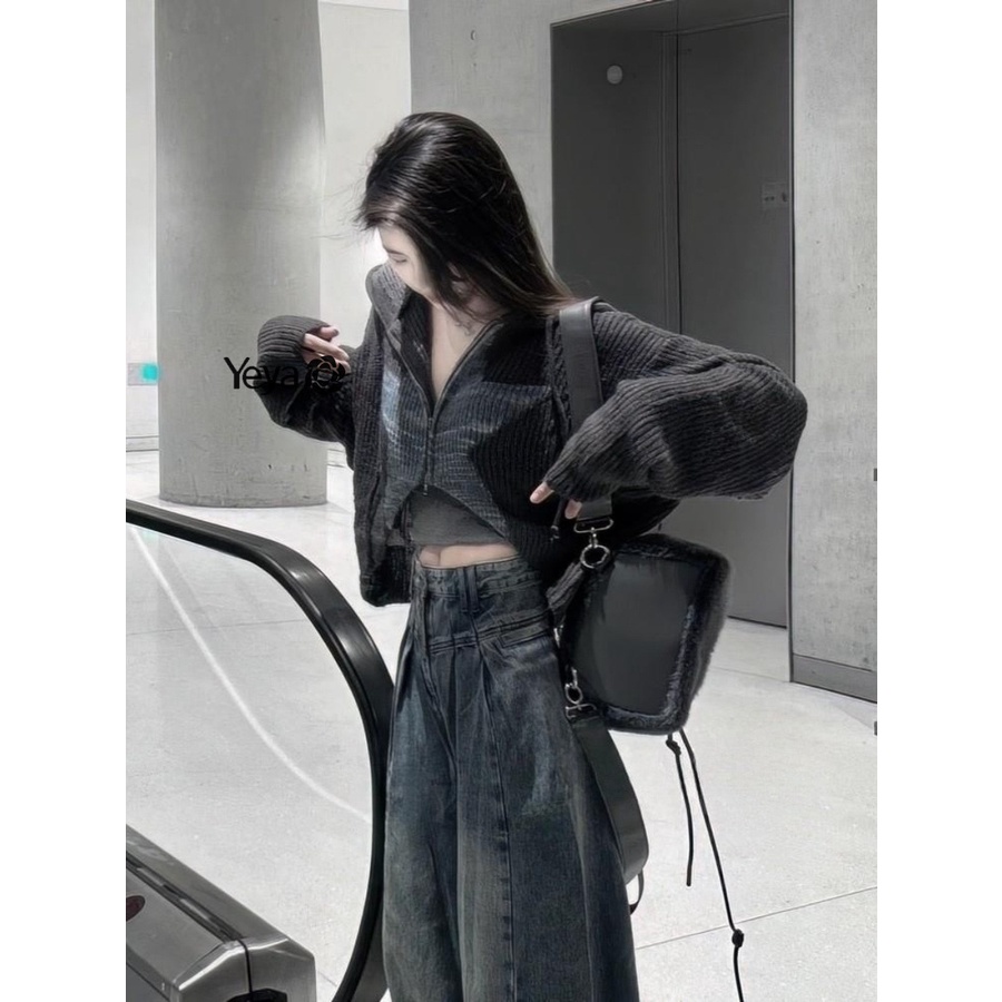 Áo Khoác cardigan Dệt Kim Dáng Ngắn Phối Khóa Kéo Phong Cách retro Cho Nữ