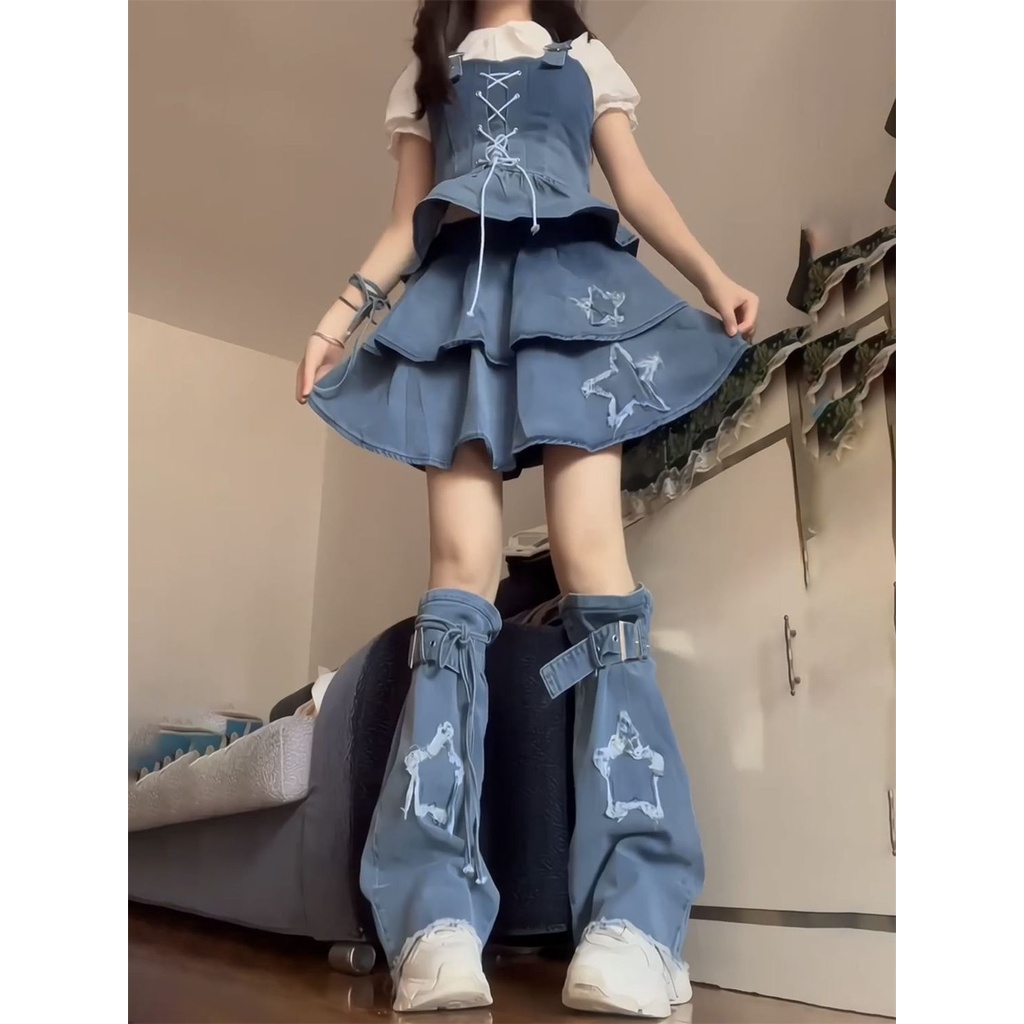 Áo y2k Dopamine set Áo Sơ Mi Cổ Búp Bê + Chân Váy Yếm denim Lưng Cao Phong Cách Nhật Bản Cho Nữ