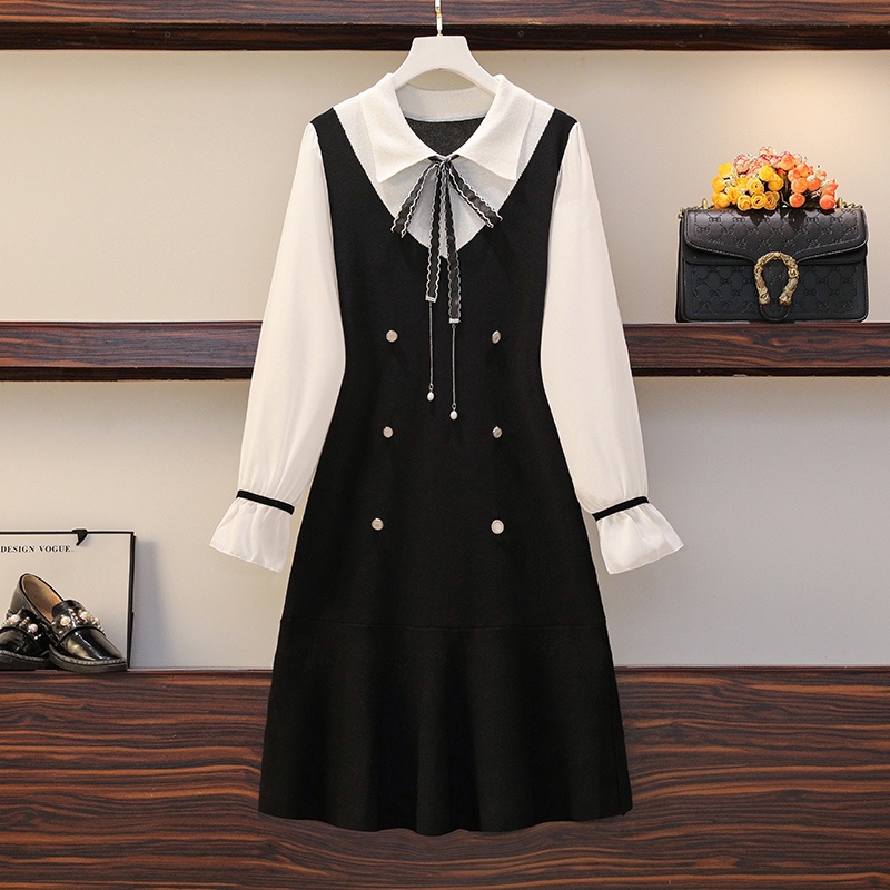 🌸Hàng Order🌸Váy Đầm Bigsize Len Dệt Kim Cổ Sơ Mi Chân Váy Đuôi Cá Thắt Nơ Cổ Tháo Rời Trẻ Trung🌸Hàng Quảng Châu