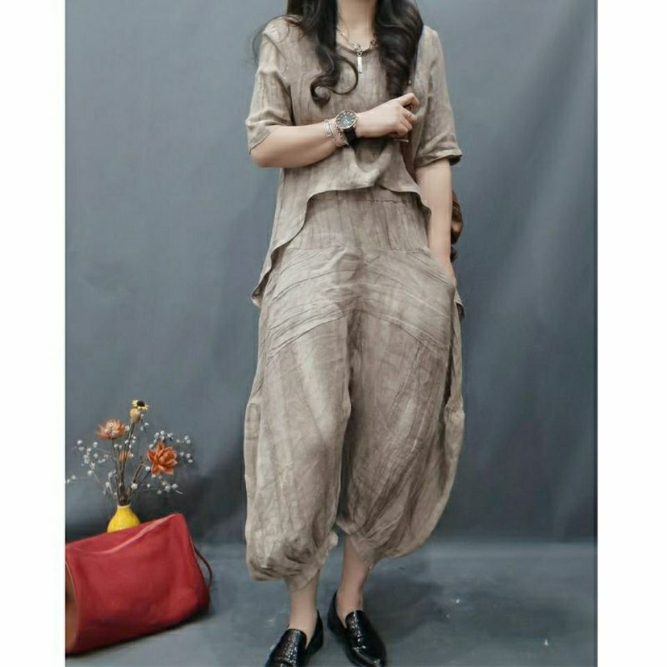 Bộ Trang Phục Hai Mảnh Vải Lanh Dáng Ngắn Lưng Ngắn Phong Cách retro Mùa Xuân Thu
