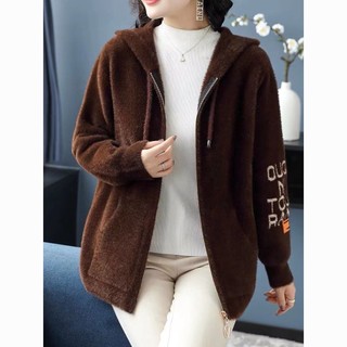 Áo khoác lông cừu có mũ trùm thời trang thu đông kiểu mới cho phụ nữ trung niên