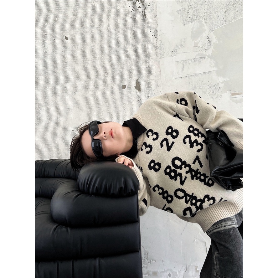 Áo len SIZE ĐẠI cho bé AB776 size 90-160 màu kem hình số đen, thời trang thu đông trẻ em 2023