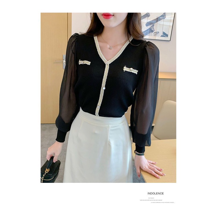 Áo Sơ Mi chiffon Dệt Kim Tay Dài Cổ Chữ v Thời Trang Mùa Thu Dành Cho Nữ