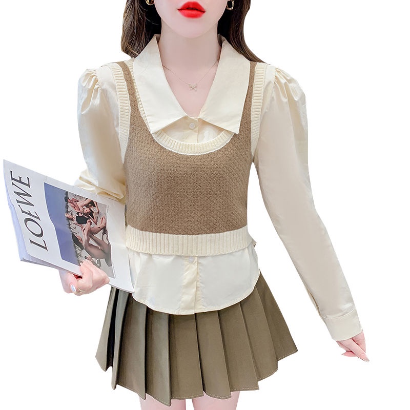 Bộ Áo Sơ Mi Tay Dài + Áo vest Dệt Kim Dáng Ngắn Màu Sắc Tương Phản Thời Trang Mùa Thu 2023