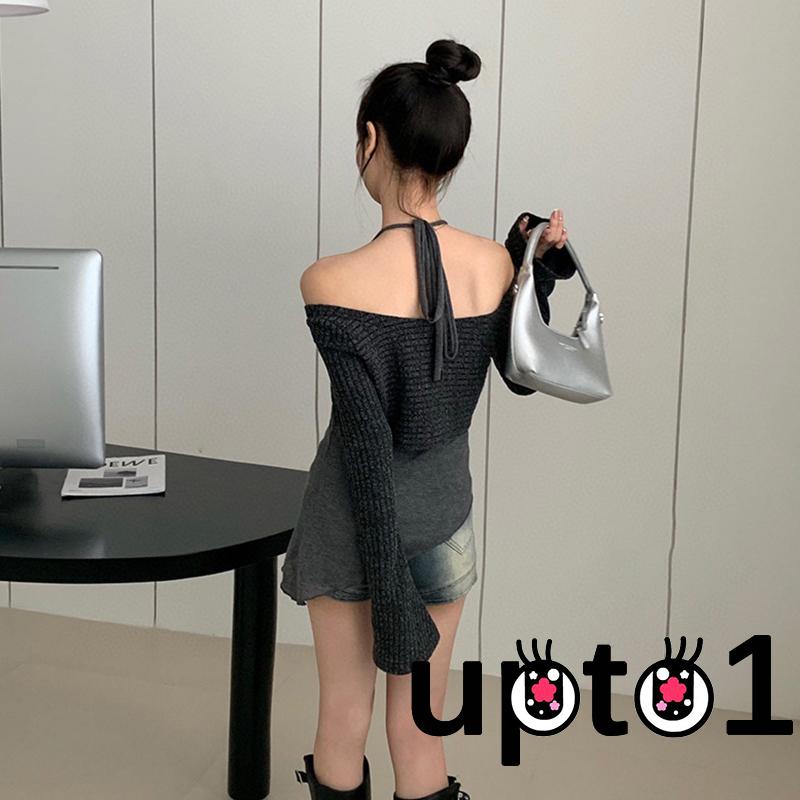 Up-áo Croptop Dệt Kim Tay Dài Hở Lưng Không Tay Cột Dây Màu Trơn Cho Nữ