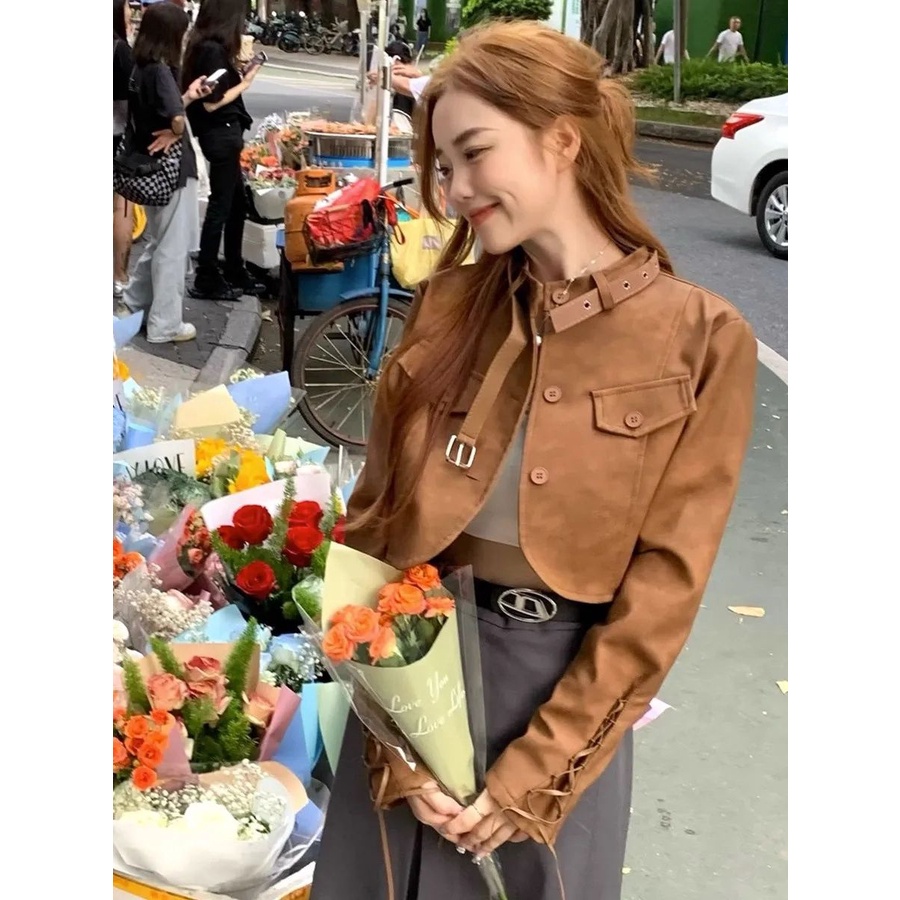 Áo Khoác Da cardigan Dáng Ngắn Phong Cách retro Mỹ Thời Trang Thu Đông Dành Cho Nữ