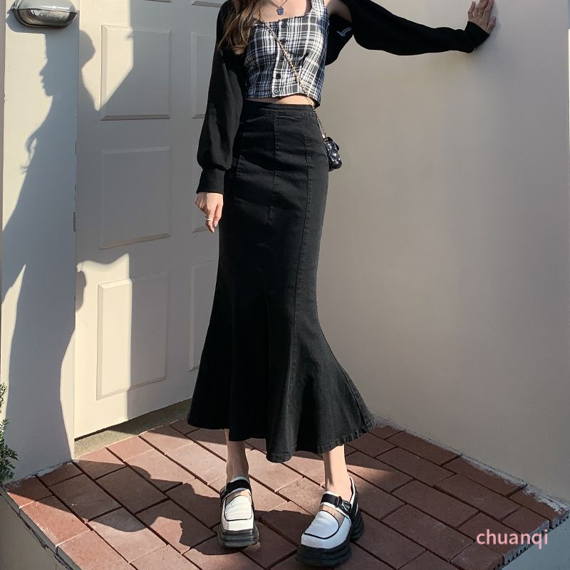 Chân váy jean Đuôi Cá Lưng Cao Co Giãn Xẻ Tà Thời Trang Xuân Thu Quyến Rũ Cho Nữ