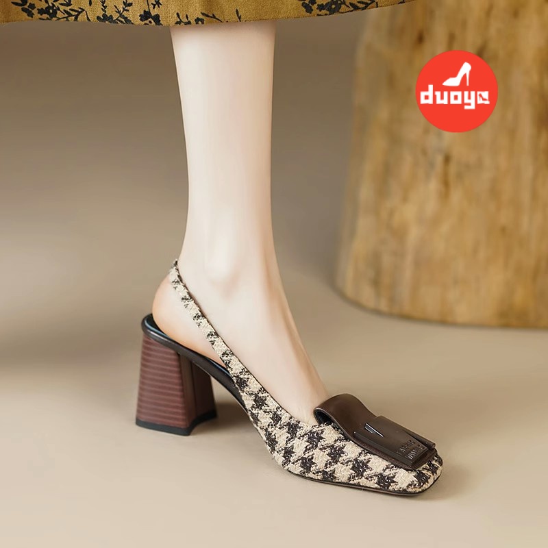 Duoya Tóc Thẳng ~  Giày Cao Gót Bít Mũi Đế Dày Hở Lưng Có Khóa Cài Cho Nữ Miễn Phí Vận Chuyển
