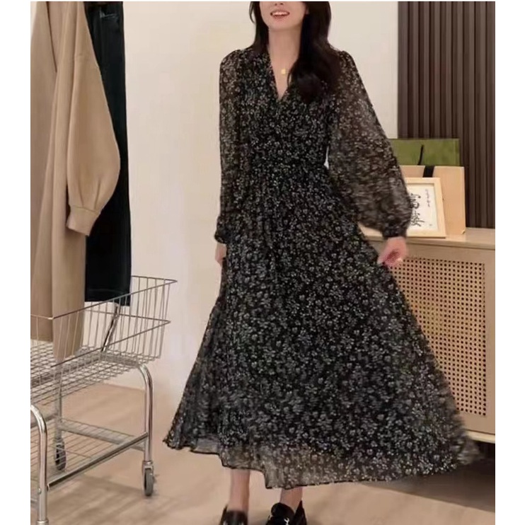 Váy Đầm Thiết Kế Hoa Nhí EMMADE Dáng Dài Hàng QC Cao Cấp - Đầm Dài Tay Kiểu Pháp Màu Đen 2023 V124