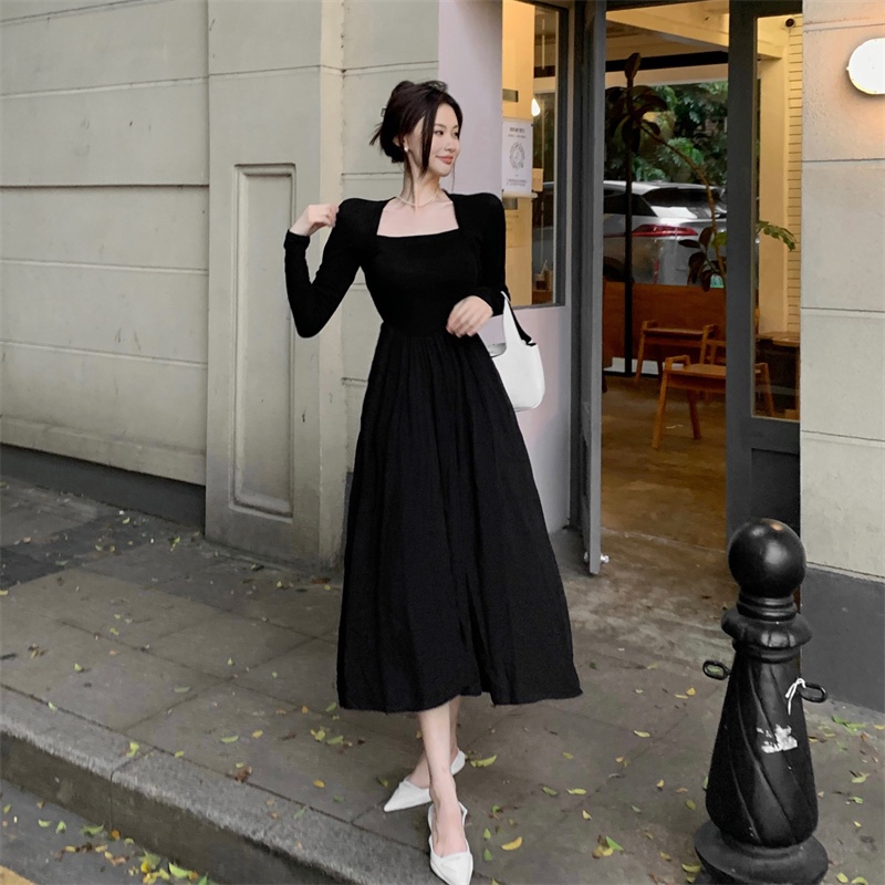 Mqaq hepburn Đầm Đen Dài Tay Cổ Vuông Phong Cách Pháp Thời Trang Xuân Thu Cao Cấp