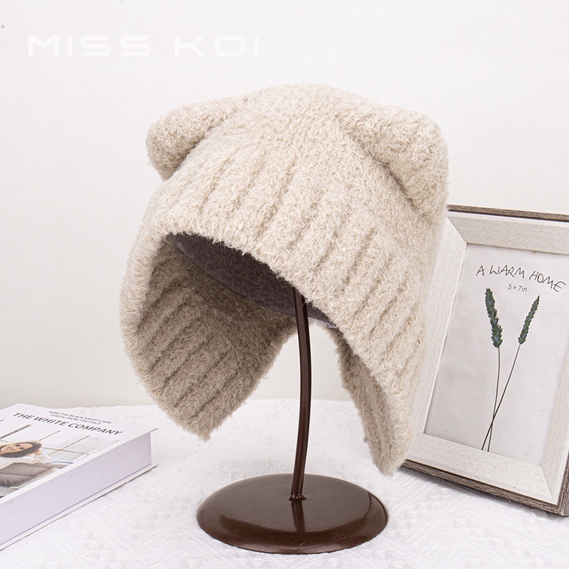 Misskoi  Mũ Len Giữ Ấm Bảo Vệ Tai Phong Cách Mới Mùa Thu Đông Dễ Phối Đồ Màu Xám K