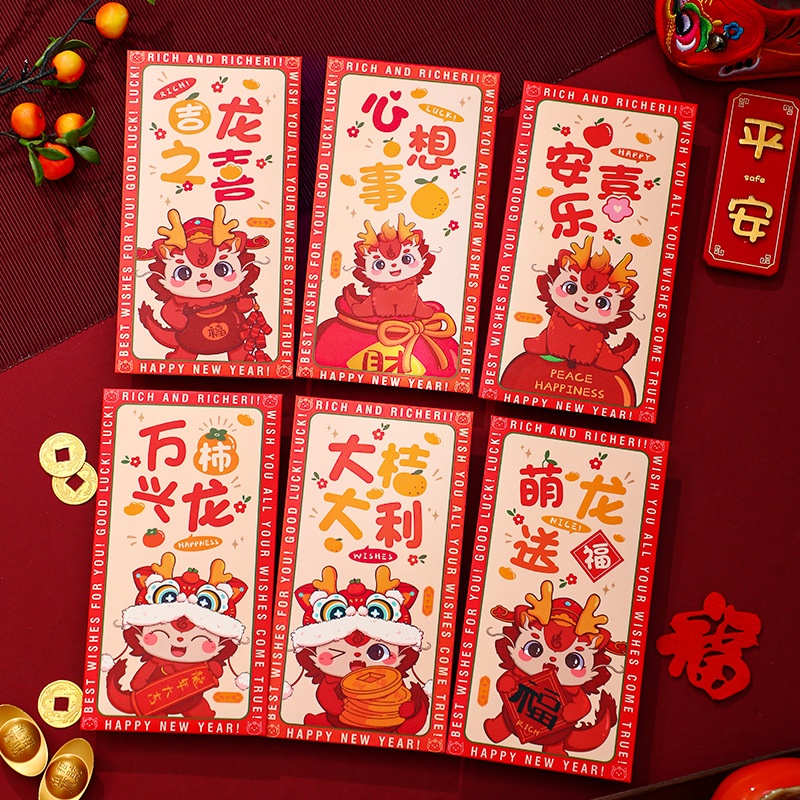 Set 6 Bao Lì Xì Mừng Năm Mới 2024 Màu Đỏ angpao cny