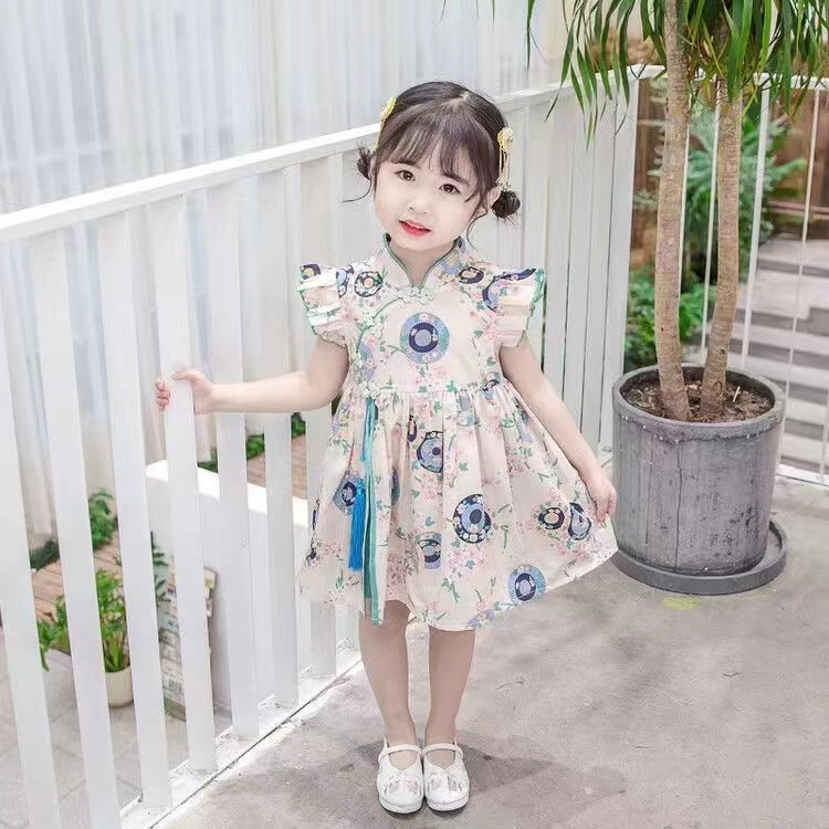 Đầm Sườn Xám In Hoa Tay Cánh Tiên Xinh Xắn Dành Cho Bé Gái