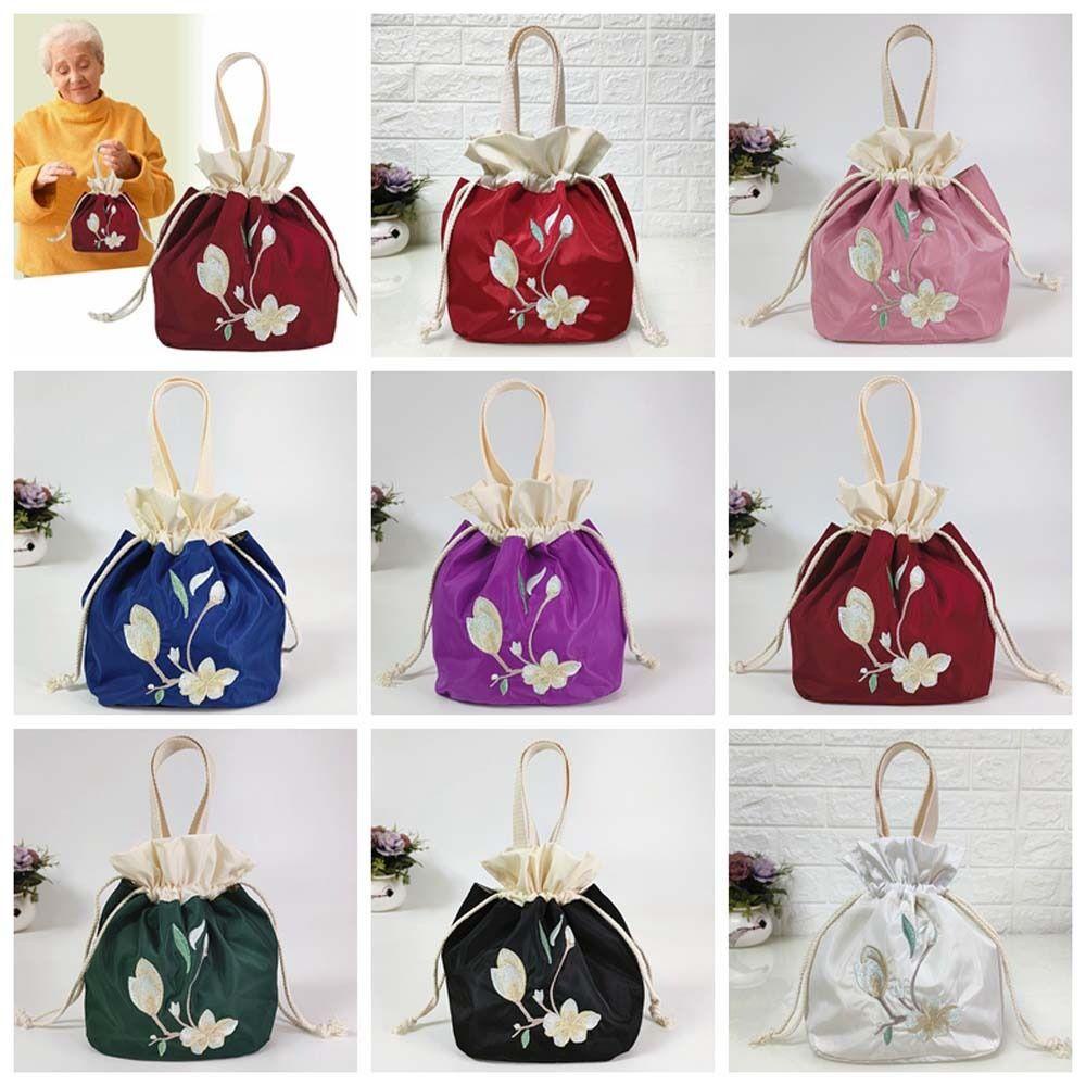 Shanhai Túi Xách Vải Lụa satin Dây Rút Thêu Hoa Phong Cách hanfu Hàn Quốc Thanh Lịch Cho Mẹ Bỉm Sữa